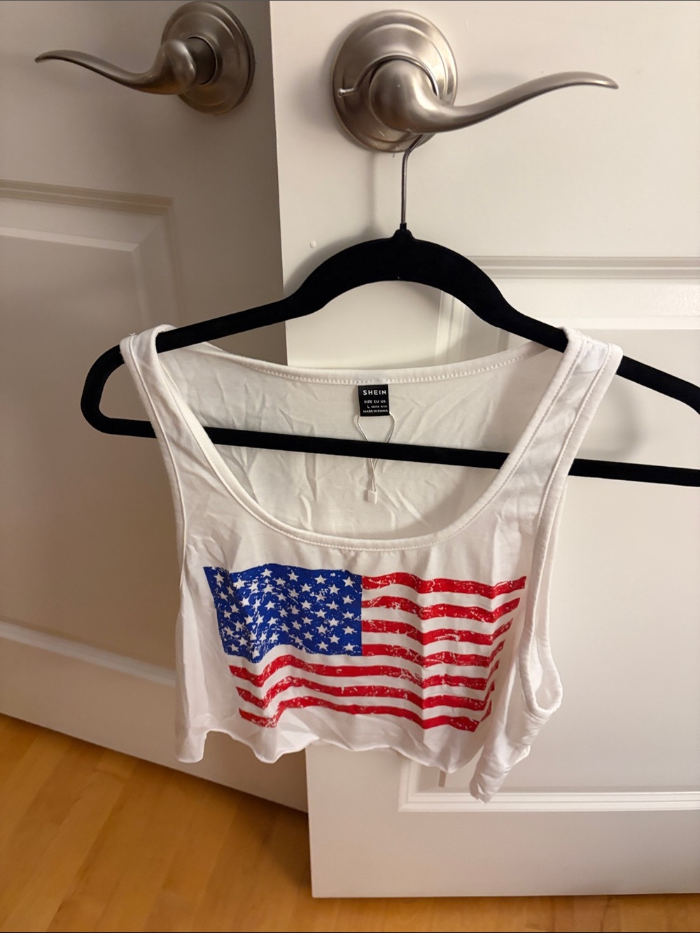 SHEIN White Crop Tank Top with Red and Blue Flag Graphic